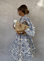 Florianne Beaumont | Blue & White Boho Print V-Neck Swing Dress