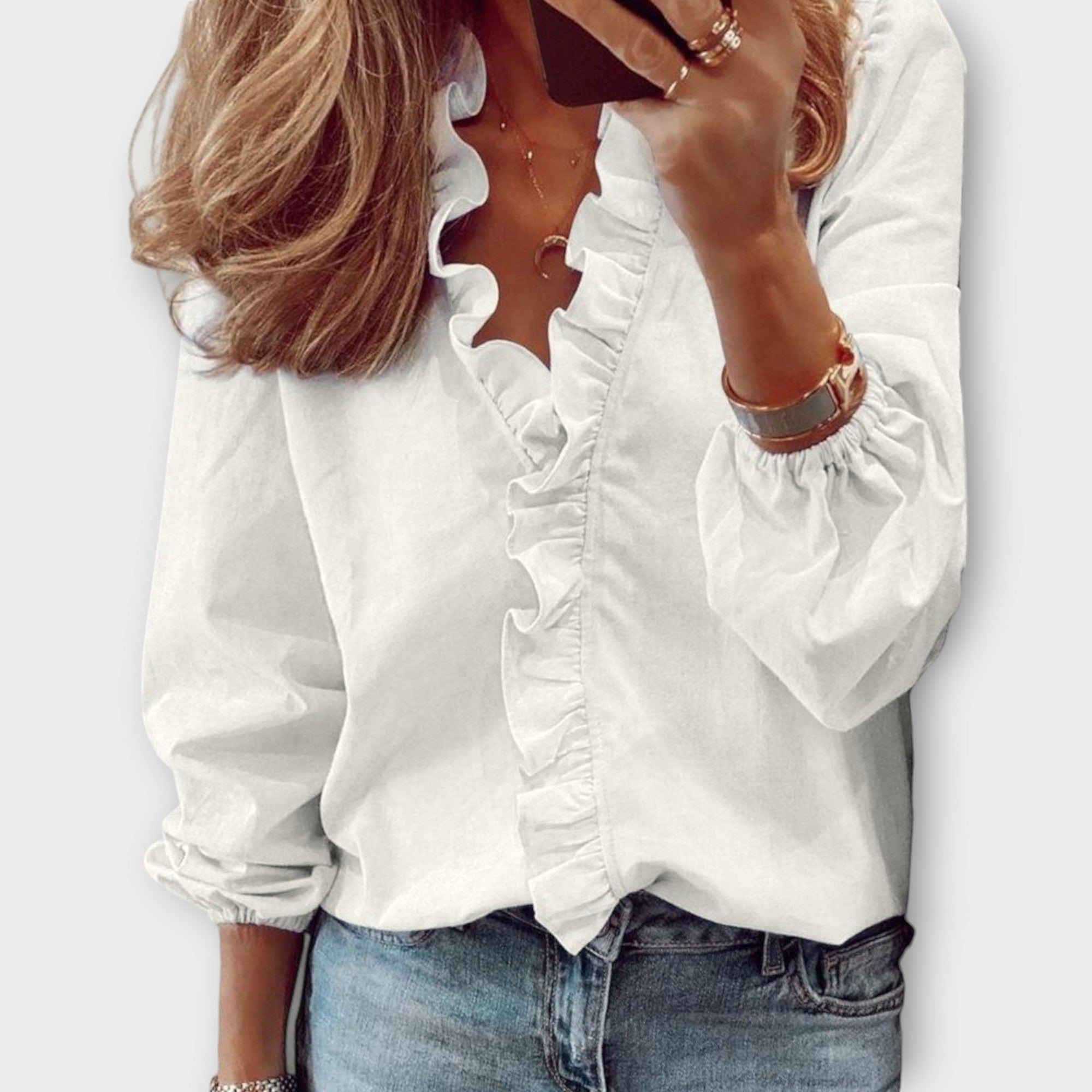 Rosalinde Beauverne | White Ruffle Front V-Neck Long Sleeve Blouse