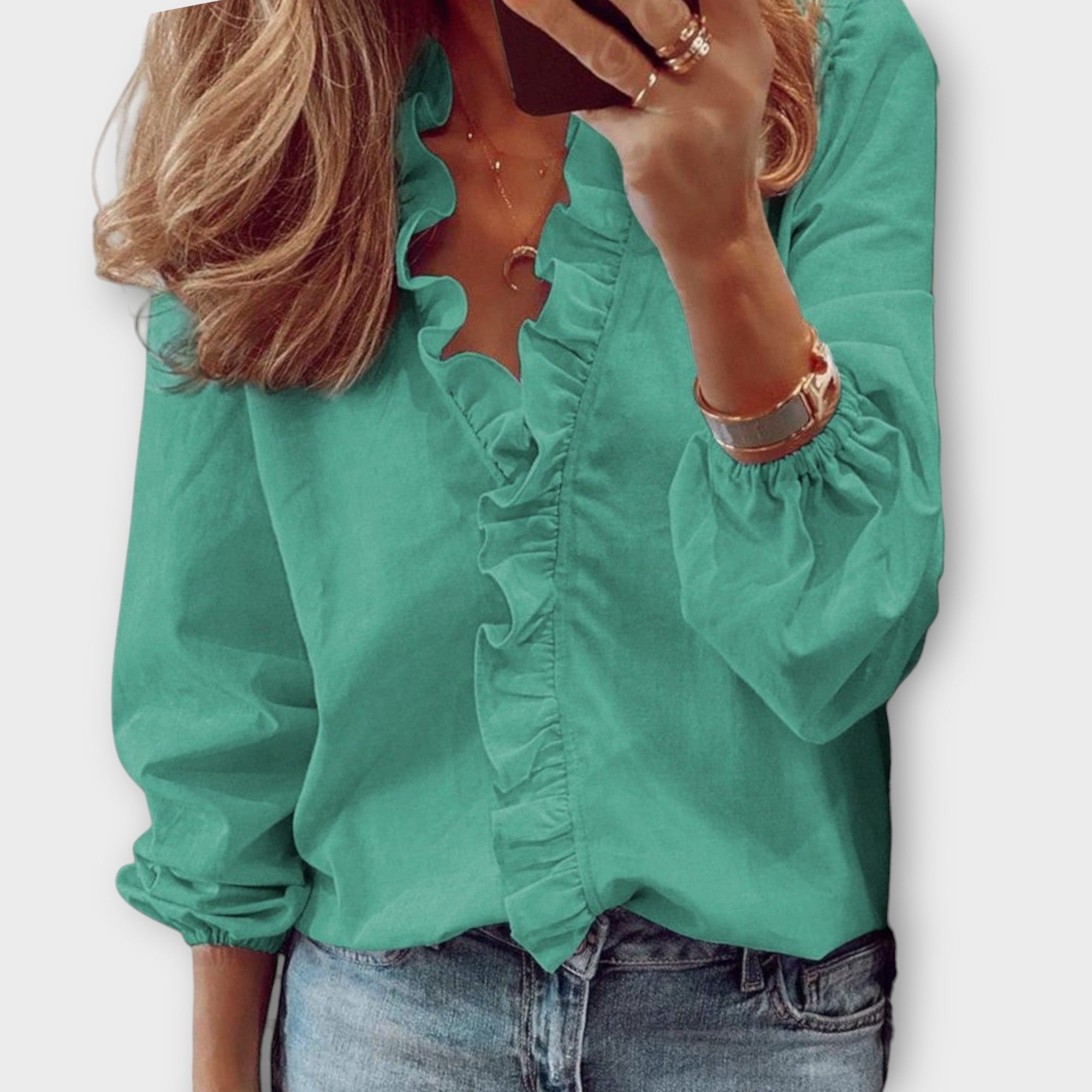 Rosalinde Beauverne | White Ruffle Front V-Neck Long Sleeve Blouse