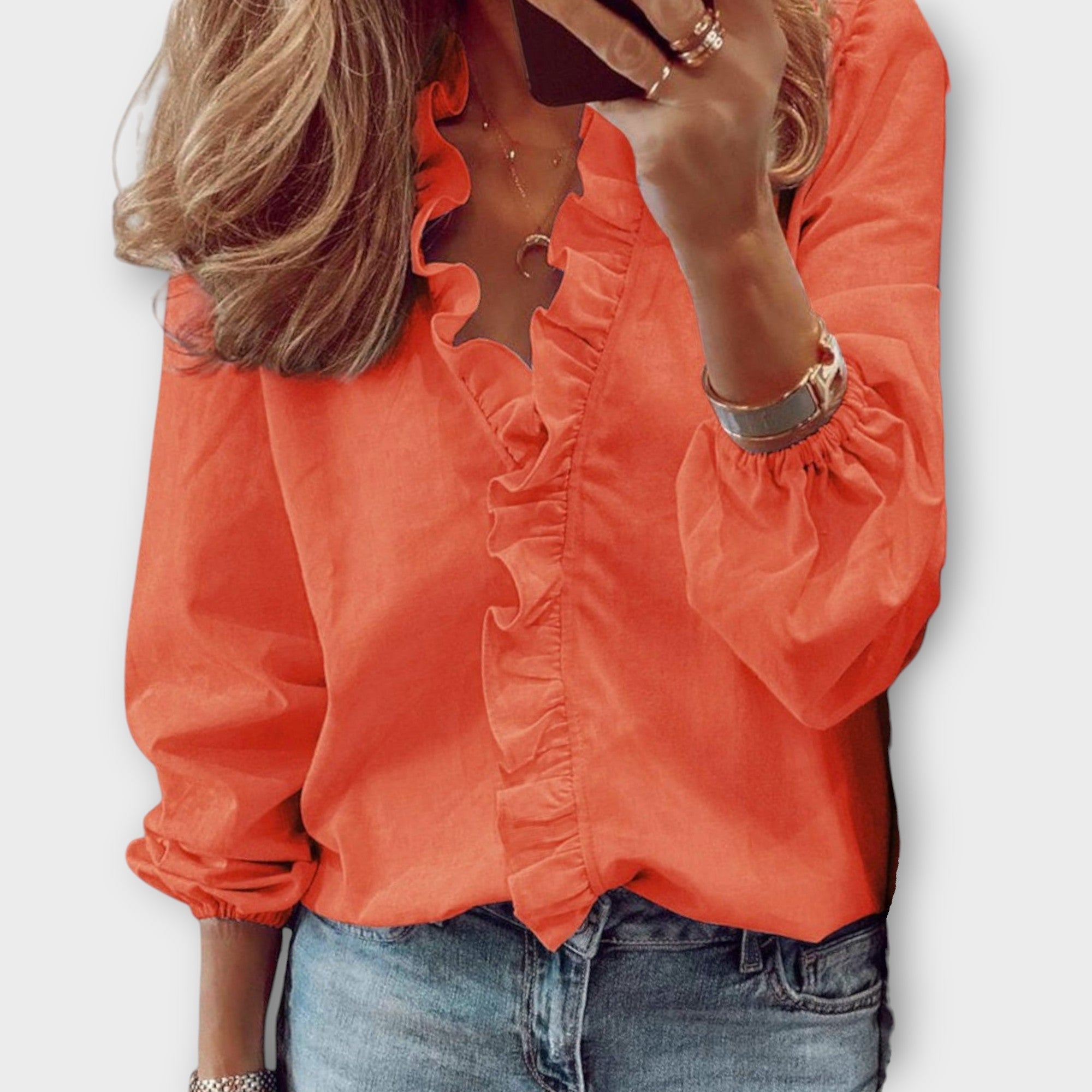 Rosalinde Beauverne | White Ruffle Front V-Neck Long Sleeve Blouse