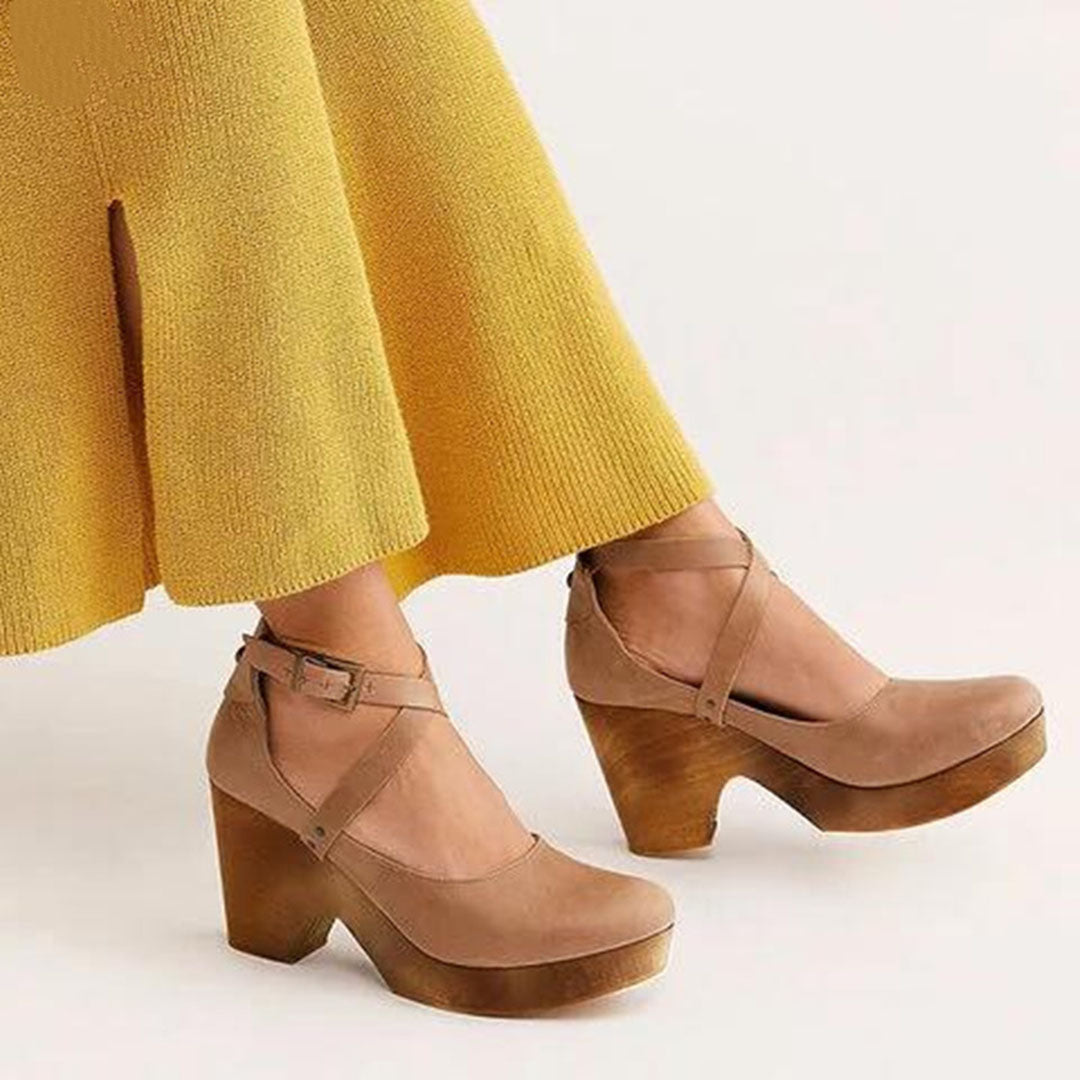 Celestine Harlow | Black Closed-Toe Wedge Heels with Ankle Strap