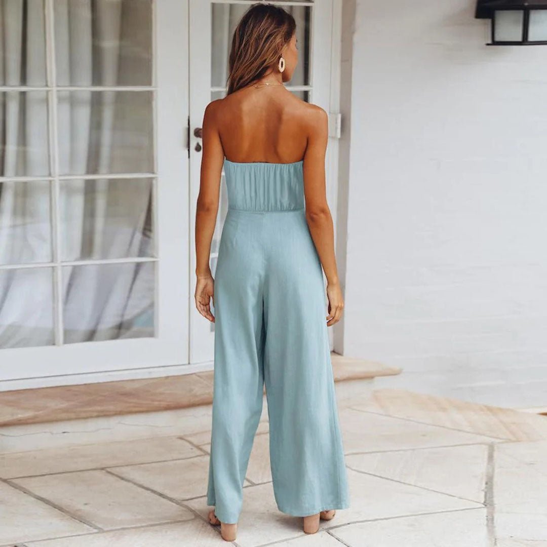 Allegra Vossbourne | Strapless Tie Waist Wide Leg Jumpsuit in Beige