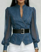 Ilona Brancourt | Denim Wrap Top With Sheer Sleeves For Women