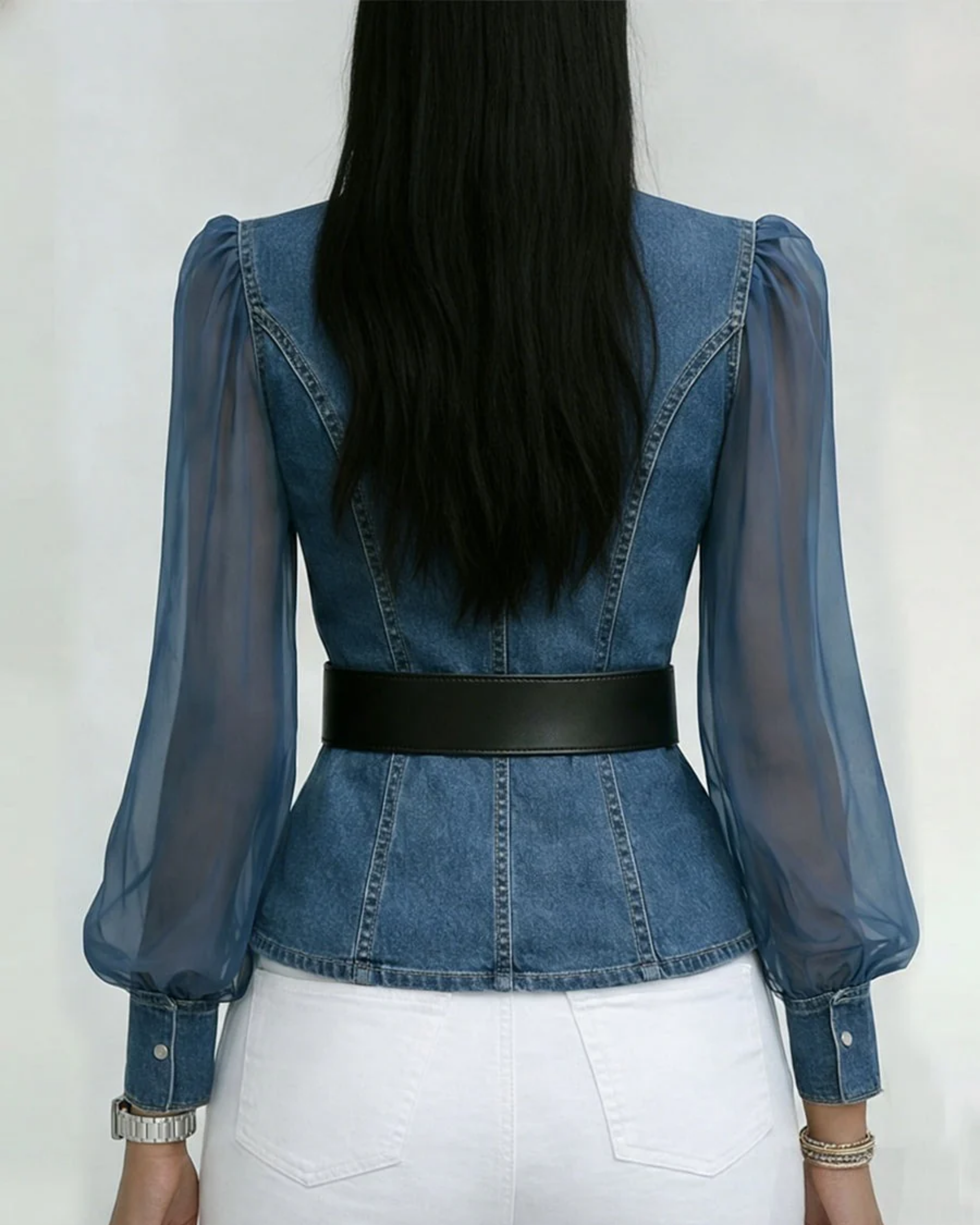 Ilona Brancourt | Denim Wrap Top With Sheer Sleeves For Women