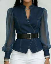 Ilona Brancourt | Denim Wrap Top With Sheer Sleeves For Women
