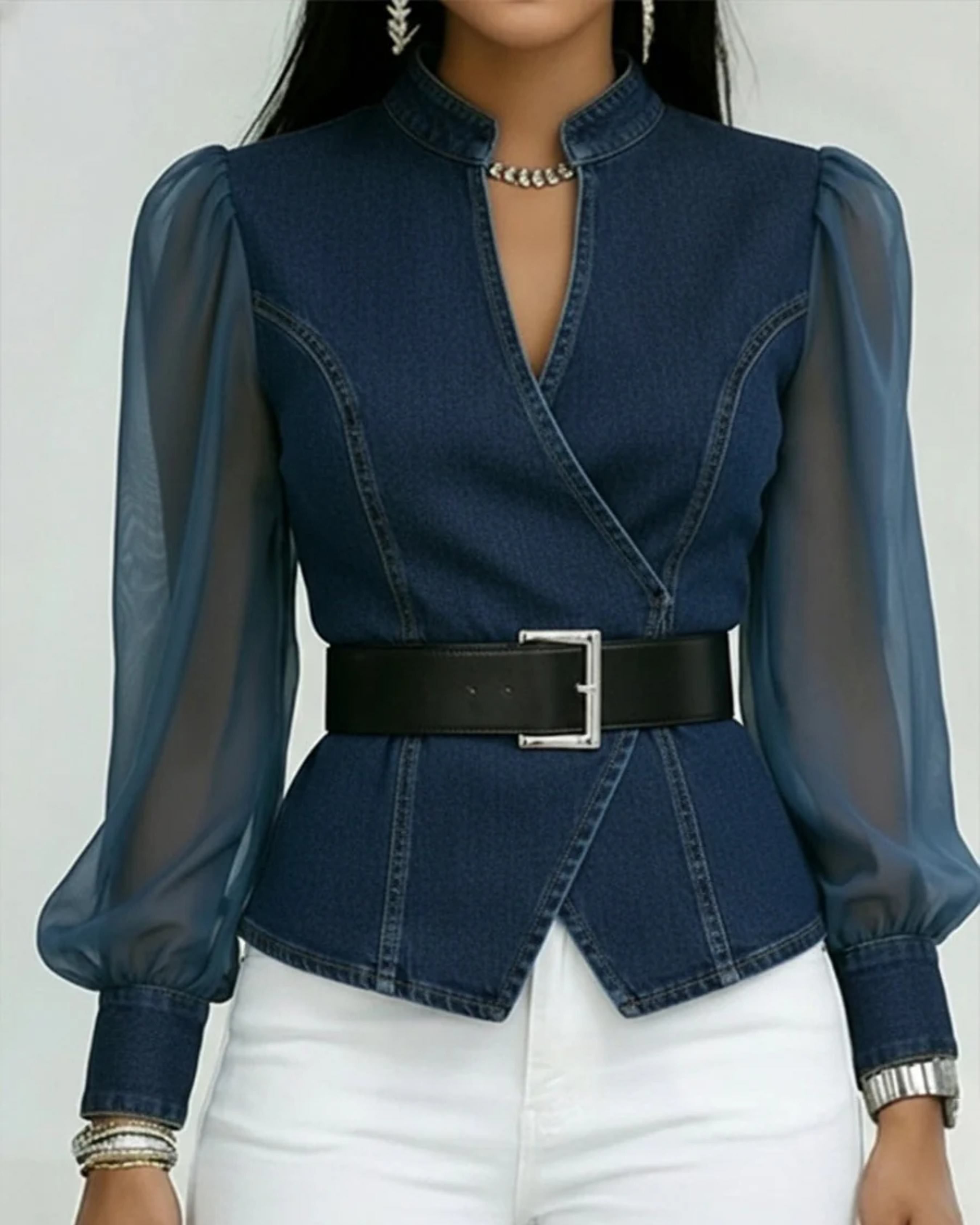 Ilona Brancourt | Denim Wrap Top With Sheer Sleeves For Women