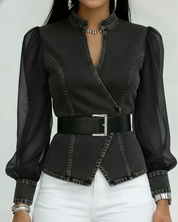 Ilona Brancourt | Denim Wrap Top With Sheer Sleeves For Women