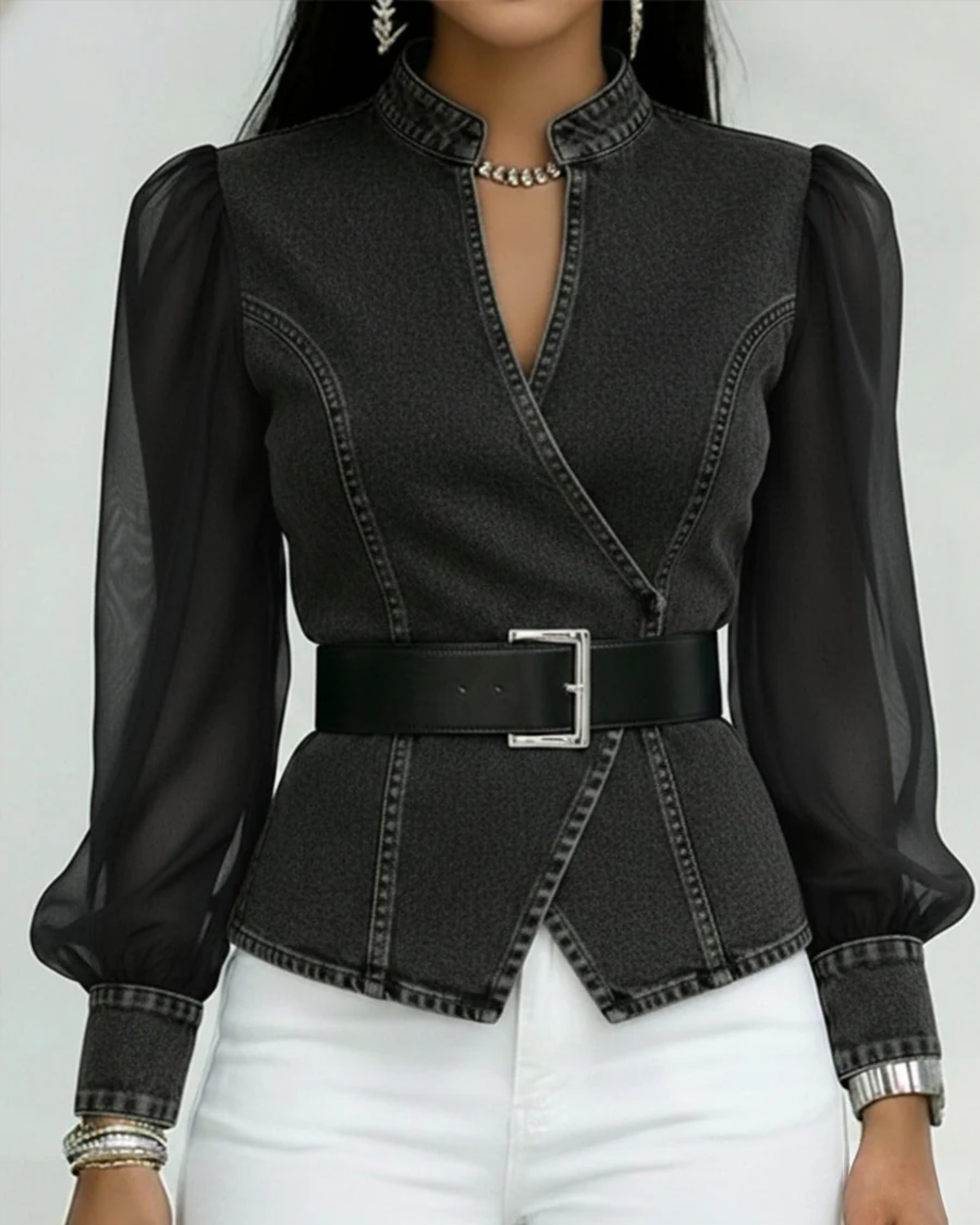 Ilona Brancourt | Denim Wrap Top With Sheer Sleeves For Women