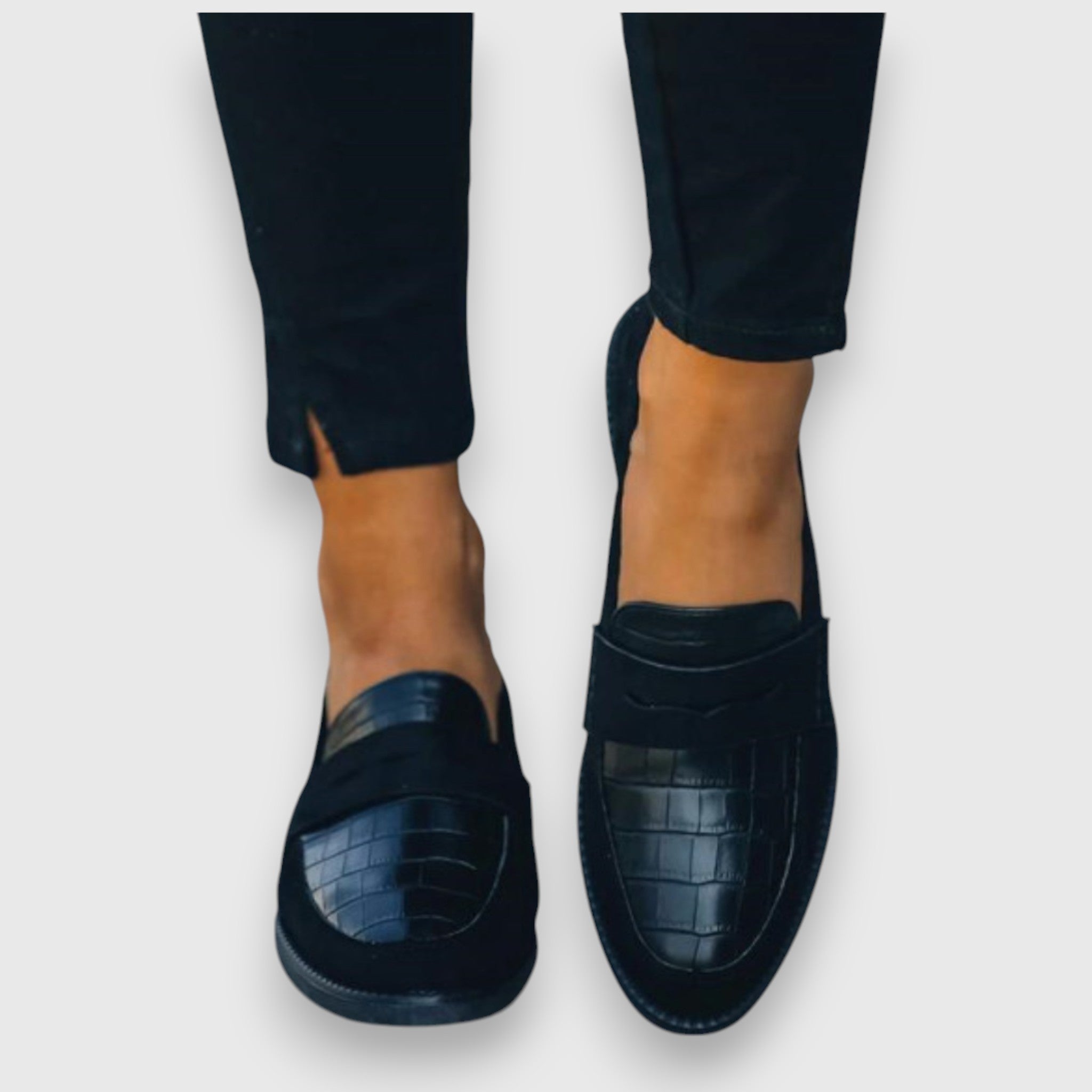 Clarissa Wentbourne | Black Croc-Panel Penny Loafers