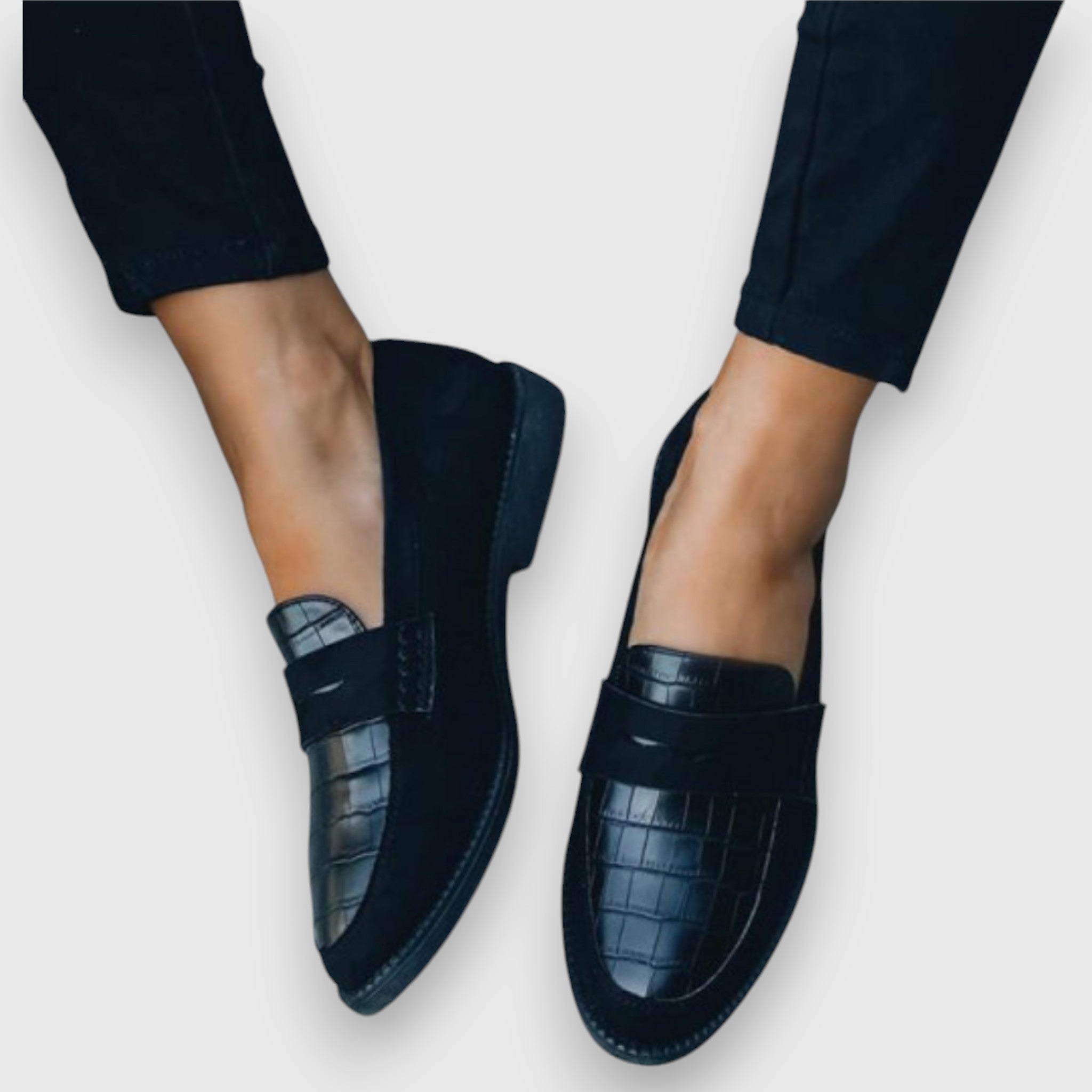 Clarissa Wentbourne | Black Croc-Panel Penny Loafers