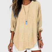 Wilhelmina Fontcrest | Relaxed Striped Crew Neck Blouse in Beige