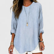 Wilhelmina Fontcrest | Relaxed Striped Crew Neck Blouse in Beige