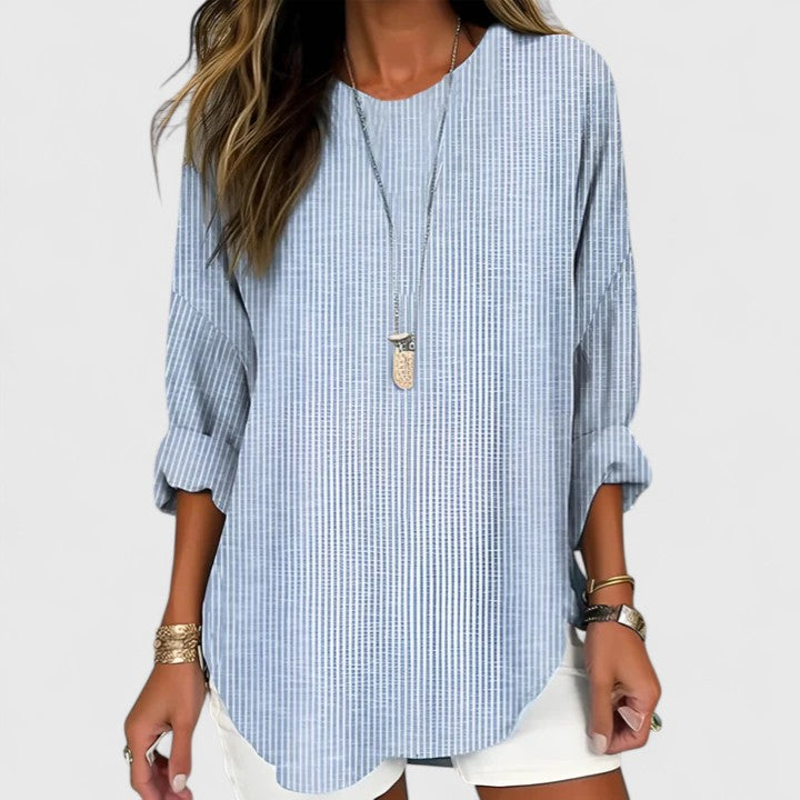 Wilhelmina Fontcrest | Relaxed Striped Crew Neck Blouse in Beige
