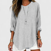 Wilhelmina Fontcrest | Relaxed Striped Crew Neck Blouse in Beige