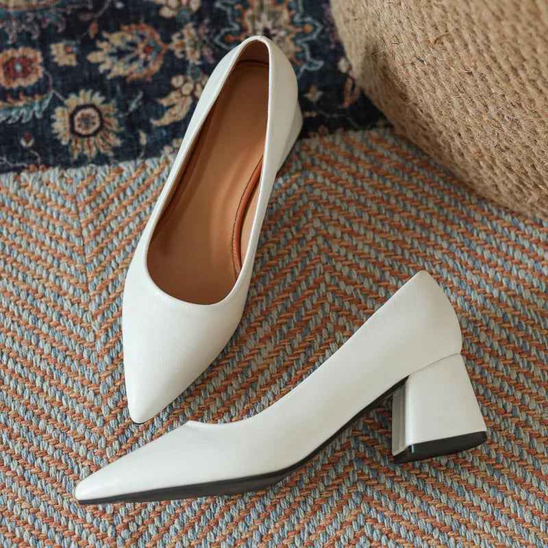Arabella Kensington | White Block Heel Pointed-Toe Pumps