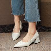 Arabella Kensington | White Block Heel Pointed-Toe Pumps