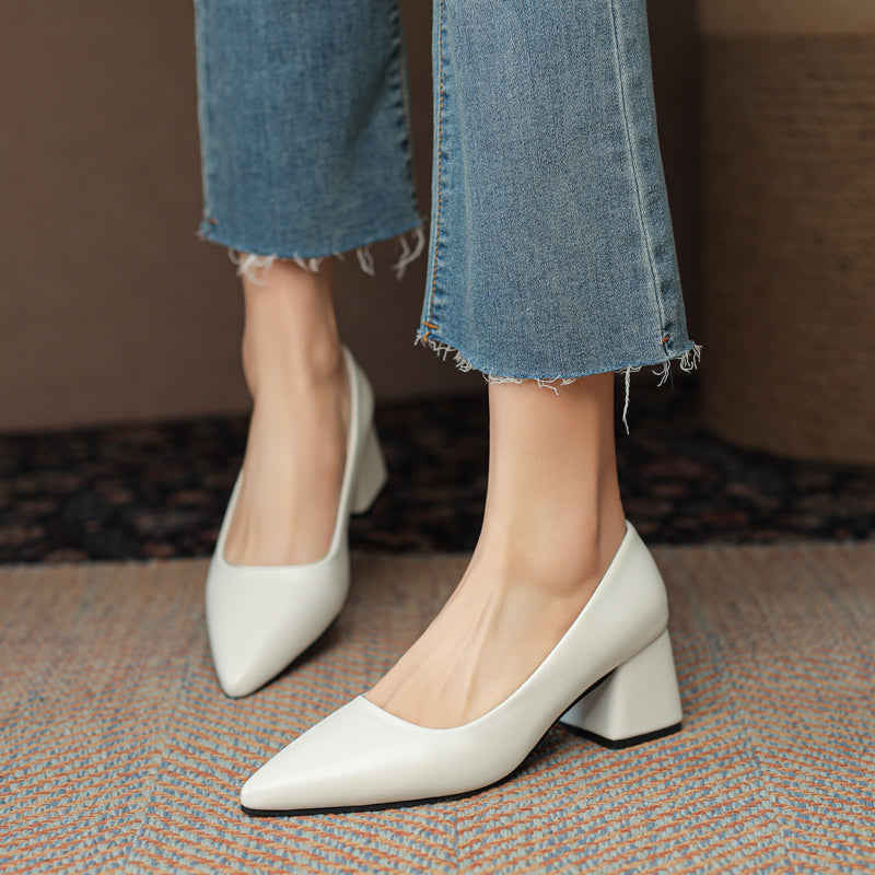 Arabella Kensington | White Block Heel Pointed-Toe Pumps