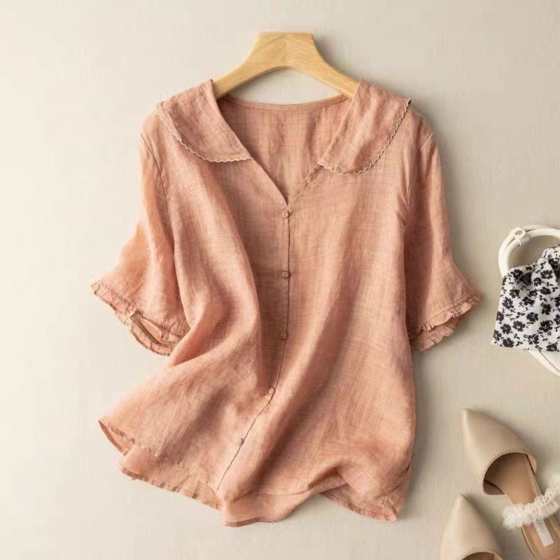 Clarinda Beausoleil | Green Linen Blouse with Scalloped Peter Pan Collar