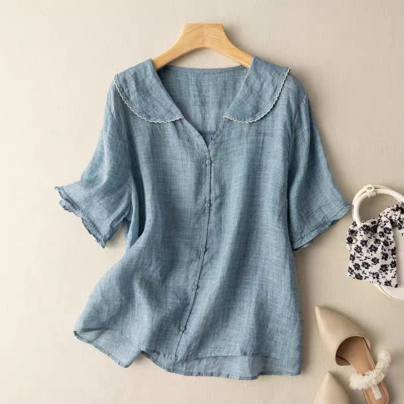 Clarinda Beausoleil | Green Linen Blouse with Scalloped Peter Pan Collar
