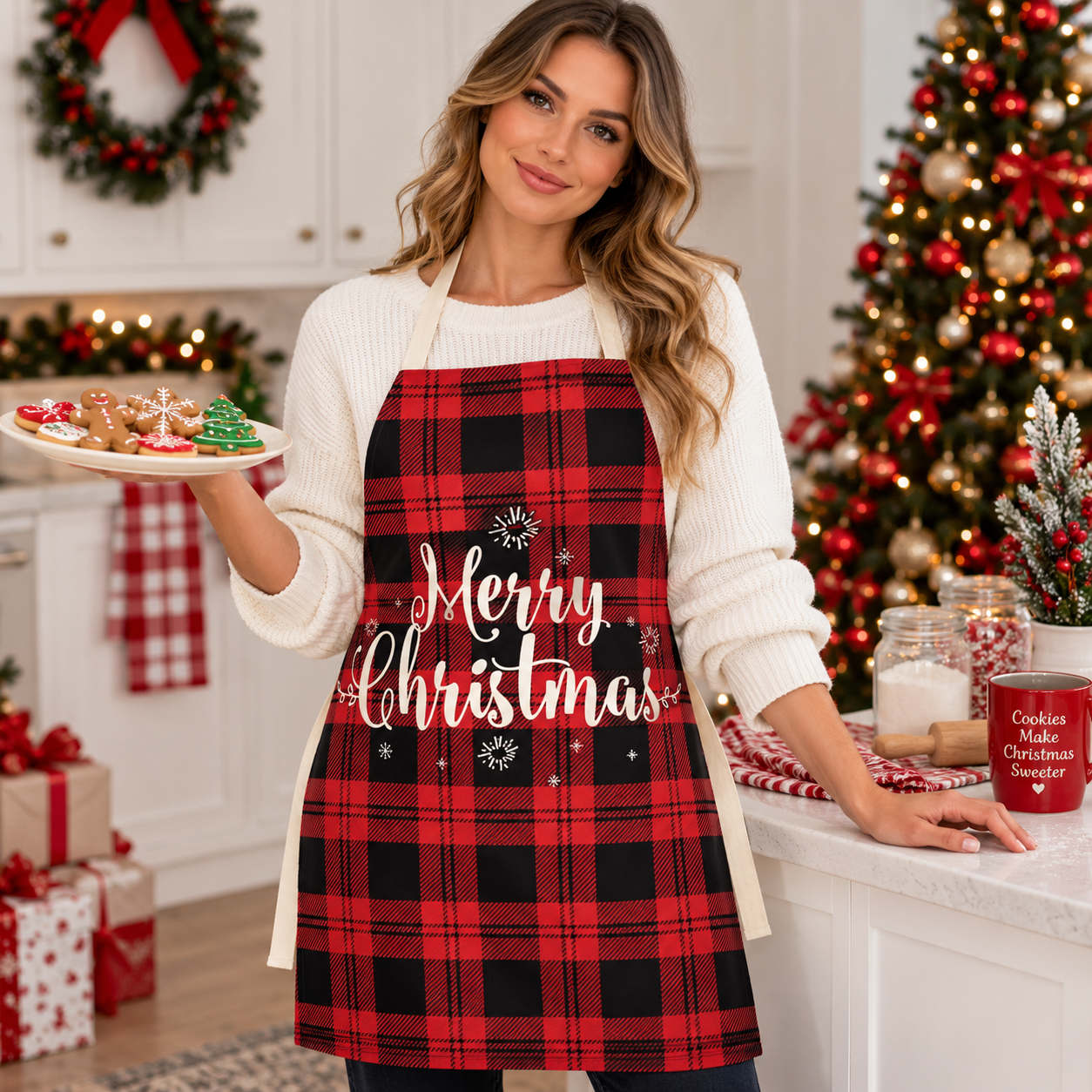 Marguerite Duvernay | Linen Look Christmas Apron With Festive Print