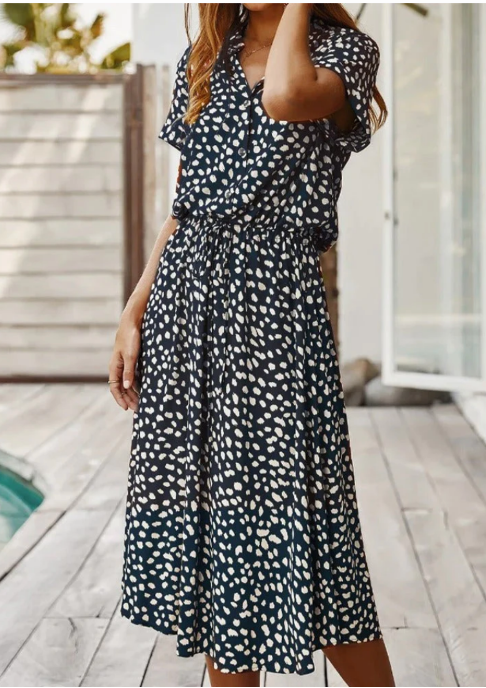 Claudette Fontainebleau | Spotted Print Button-Down Midi Dress