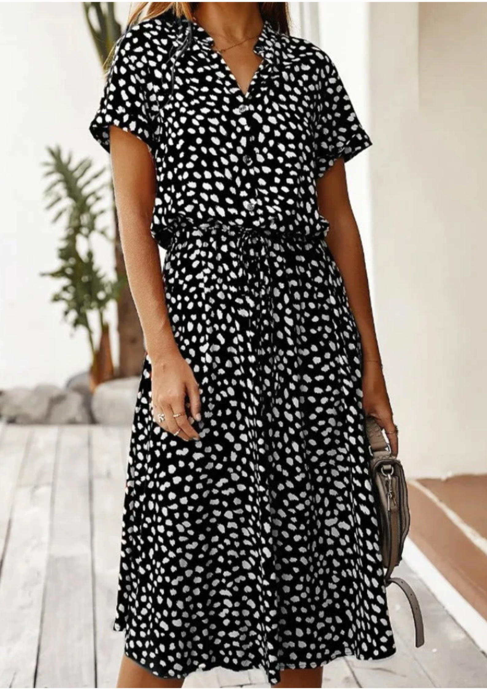 Claudette Fontainebleau | Spotted Print Button-Down Midi Dress