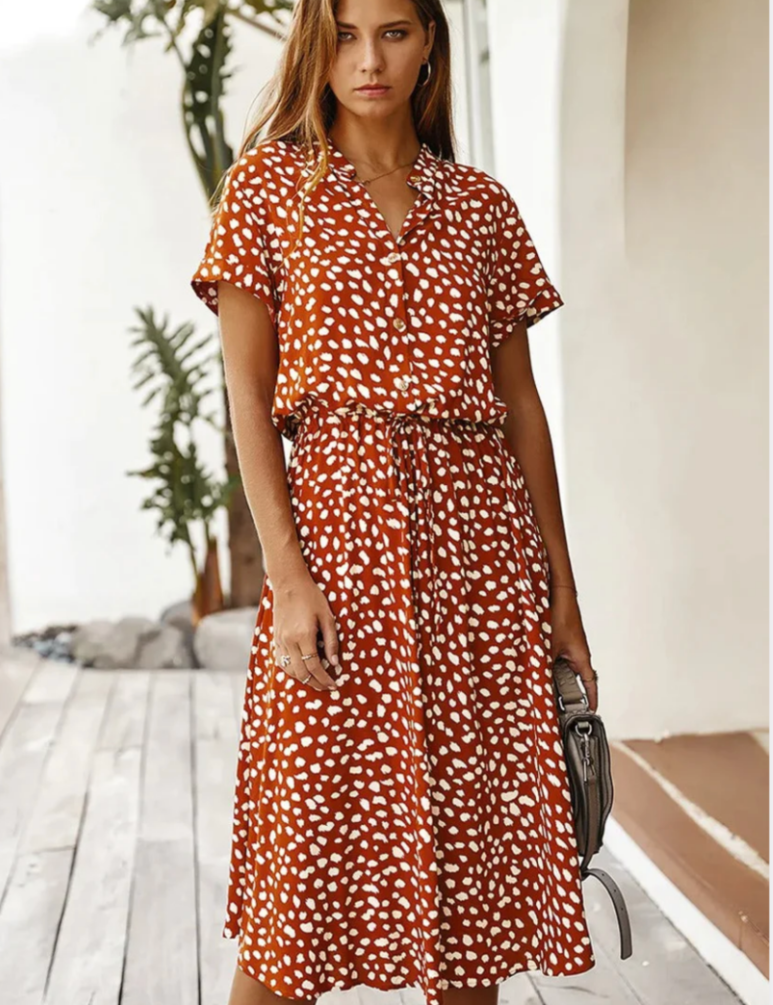 Claudette Fontainebleau | Spotted Print Button-Down Midi Dress