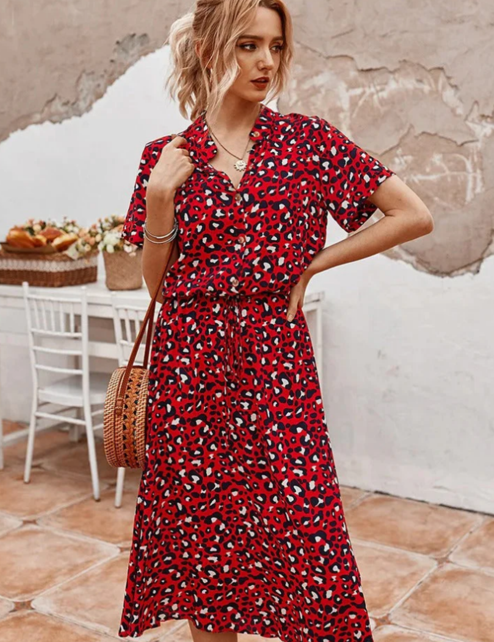 Claudette Fontainebleau | Spotted Print Button-Down Midi Dress