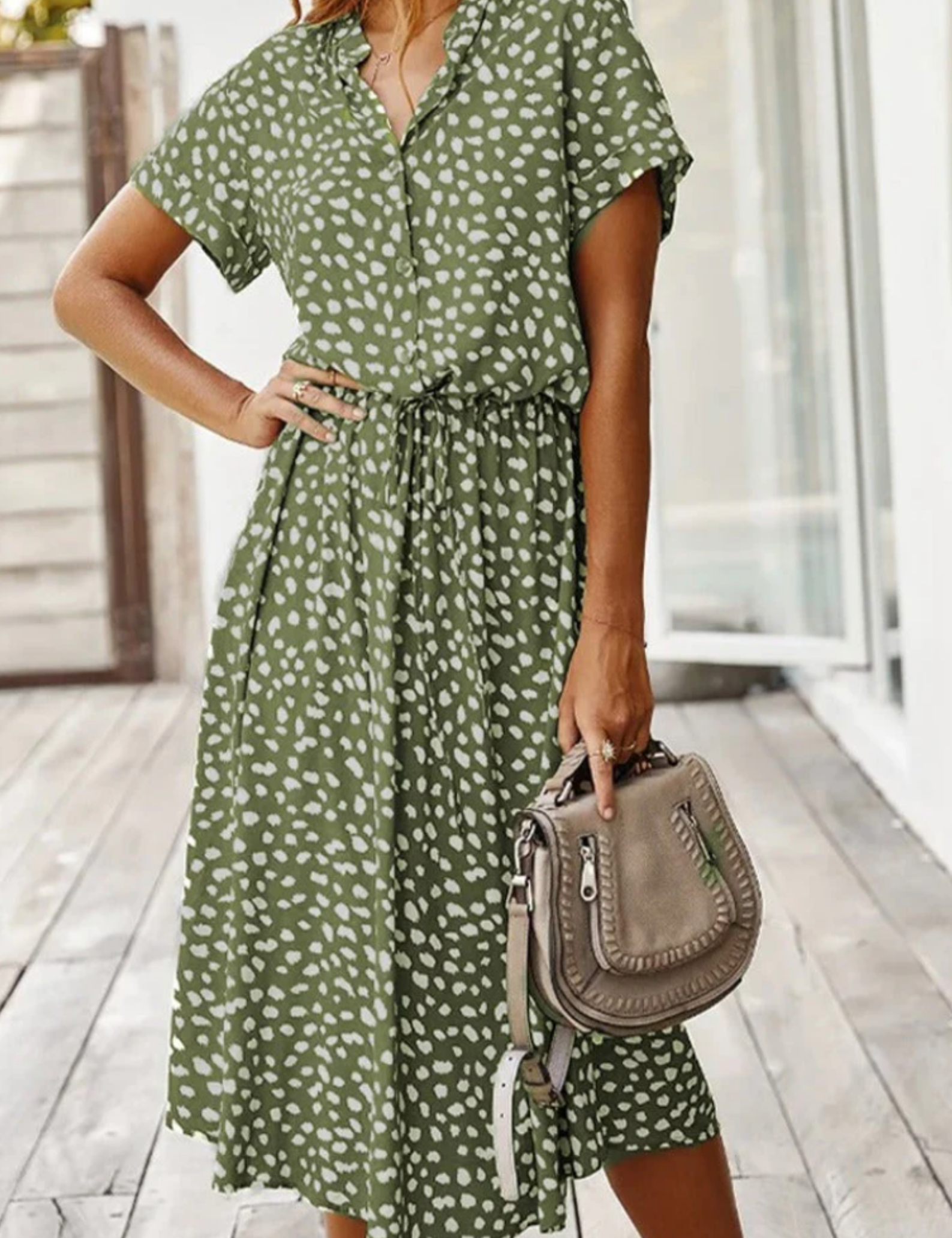 Claudette Fontainebleau | Spotted Print Button-Down Midi Dress