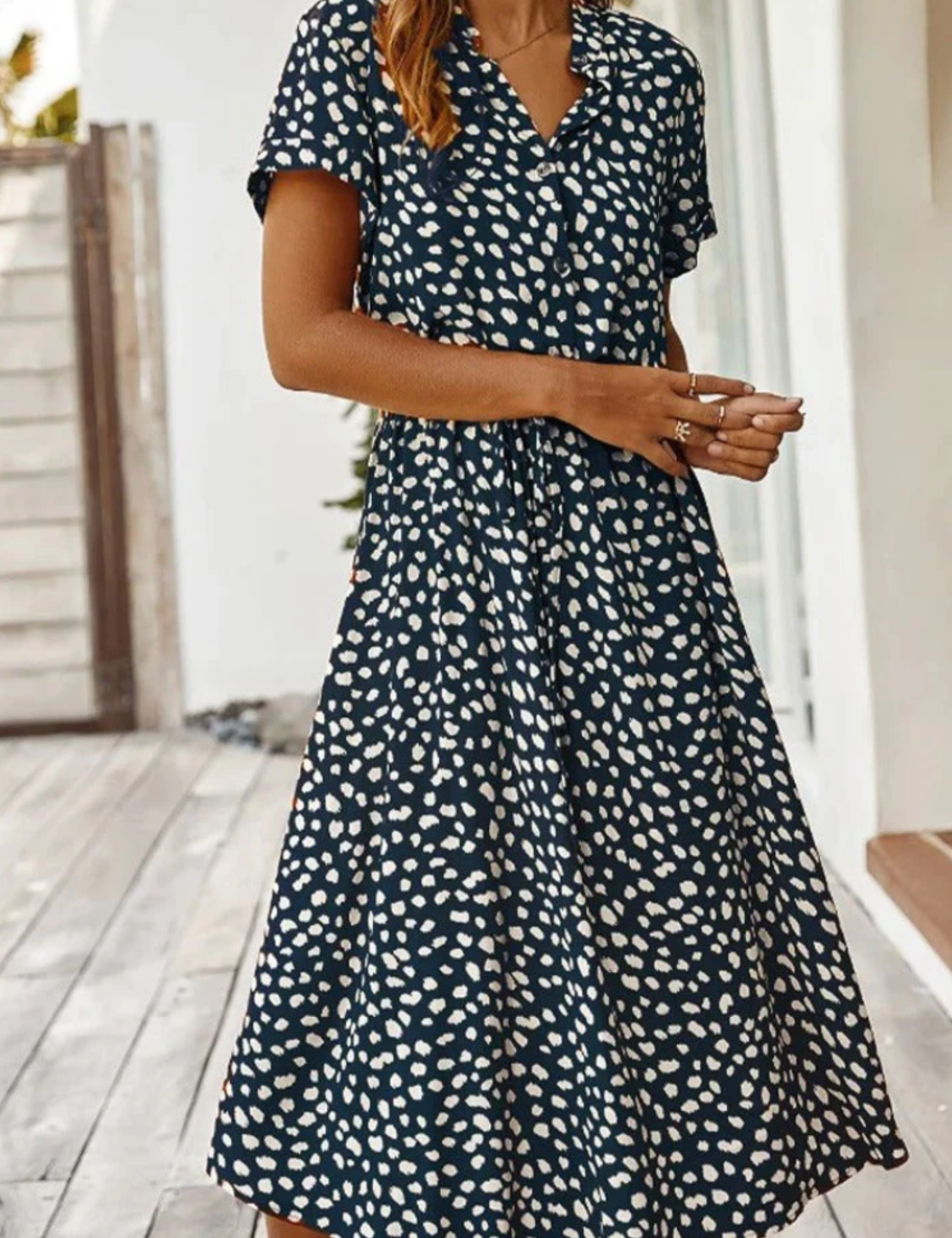 Claudette Fontainebleau | Spotted Print Button-Down Midi Dress