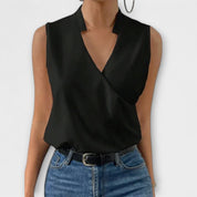 Elspeth Montford | White Satin Sleeveless V-Neck Blouse