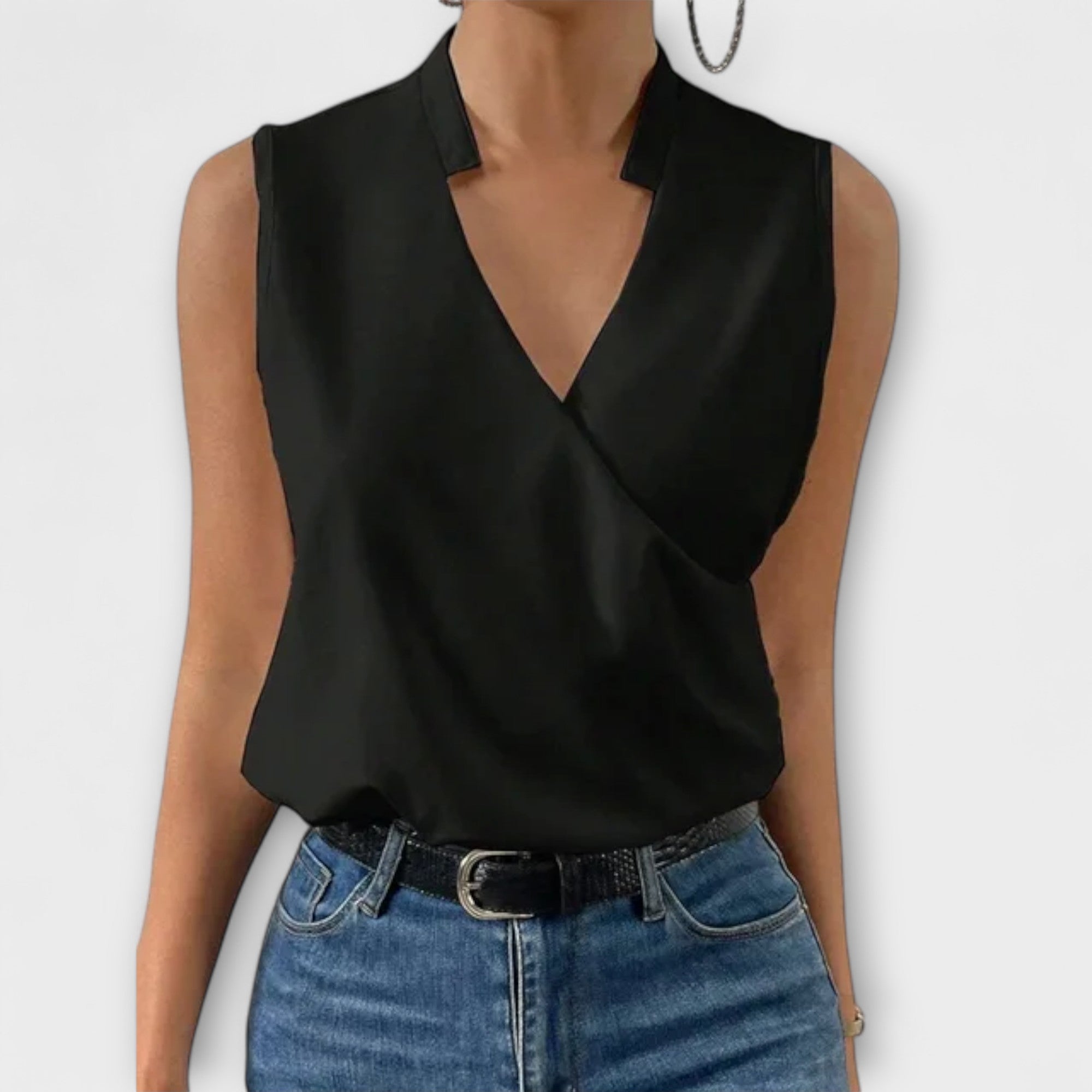 Elspeth Montford | White Satin Sleeveless V-Neck Blouse