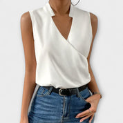 Elspeth Montford | White Satin Sleeveless V-Neck Blouse