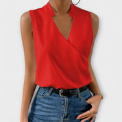 Elspeth Montford | White Satin Sleeveless V-Neck Blouse