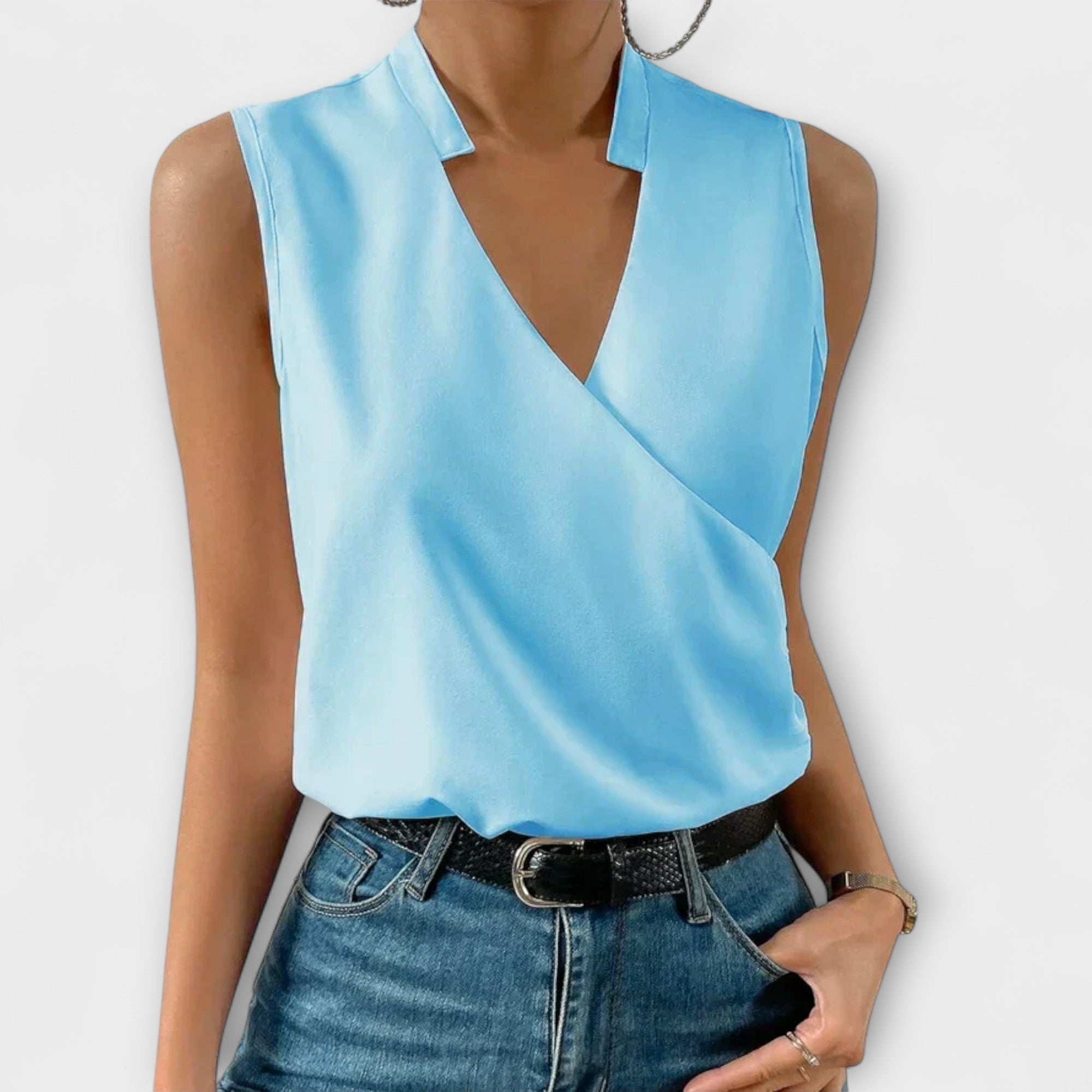 Elspeth Montford | White Satin Sleeveless V-Neck Blouse