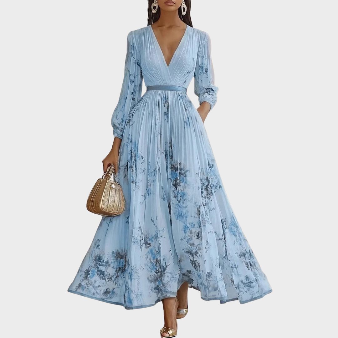 Lucienne Hartwell | Floral Pleated Midi Dress with V-Neck