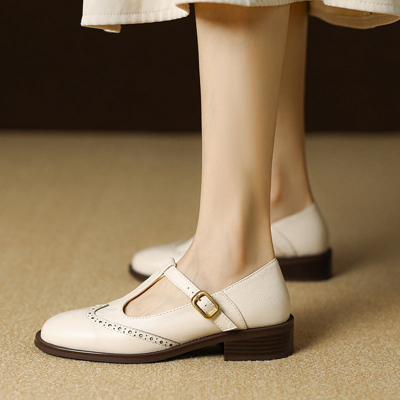 Blanche Devereaux | Leather T-Strap Mary Jane Shoes with Brogue Detail