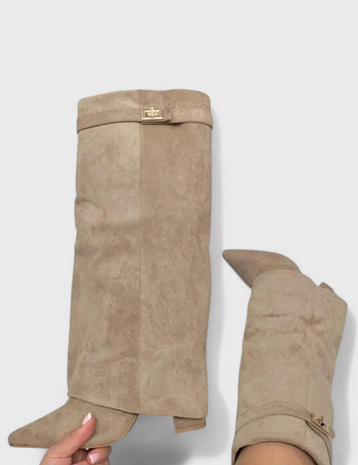 Isolde Farnsworth | Cream Suede Fold-Over Knee-High Boots