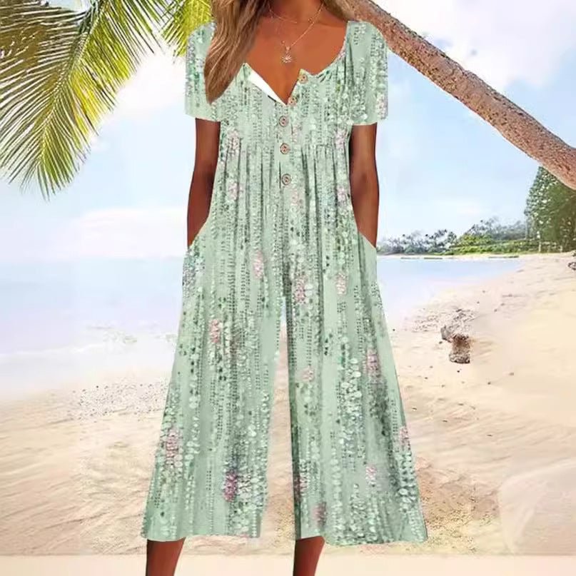 Celestine Beauvoir | Blue Leaf Print Wide Leg Jumpsuit