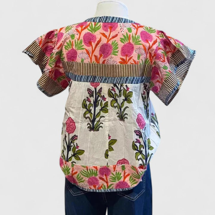 Lisette Duval | Floral Patchwork Boho Blouse with Puff Sleeves