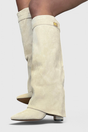 Isolde Farnsworth | Cream Suede Fold-Over Knee-High Boots