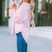 Eloise Vanbright | Oversized Blue Striped Button-Down Shirt with Smocked Cuffs