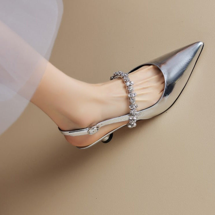 Eloise Sancerre | Silver Crystal Strap Slingback Pointed Toe Heels