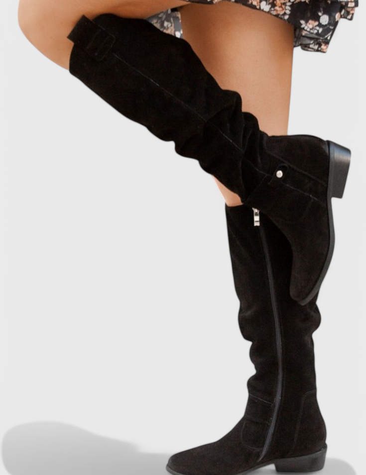 Harriet Voclaine | Tan Suede Knee-High Riding Boots