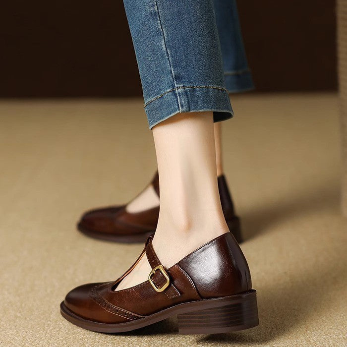 Blanche Devereaux | Leather T-Strap Mary Jane Shoes with Brogue Detail