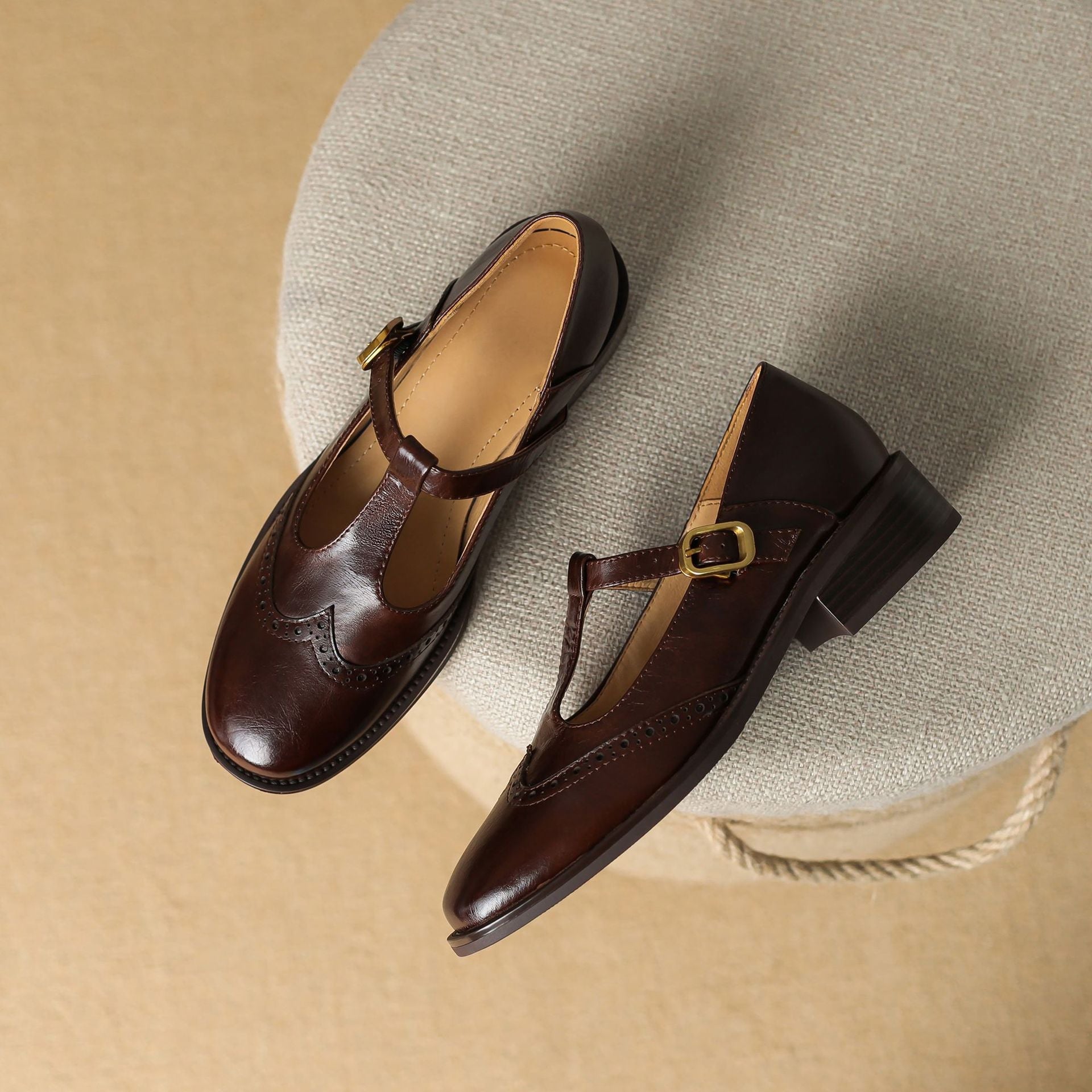 Blanche Devereaux | Leather T-Strap Mary Jane Shoes with Brogue Detail