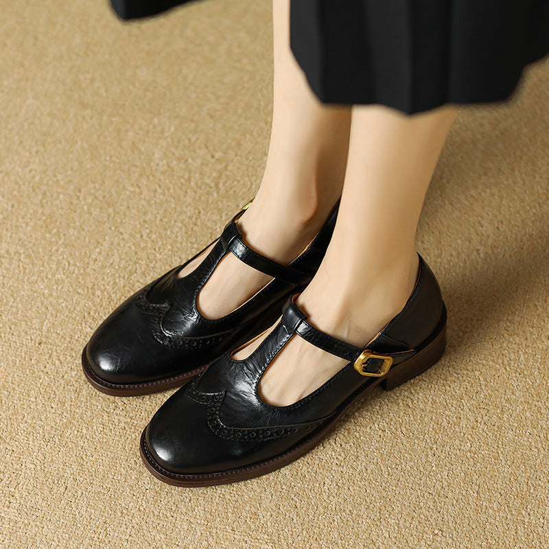 Blanche Devereaux | Leather T-Strap Mary Jane Shoes with Brogue Detail
