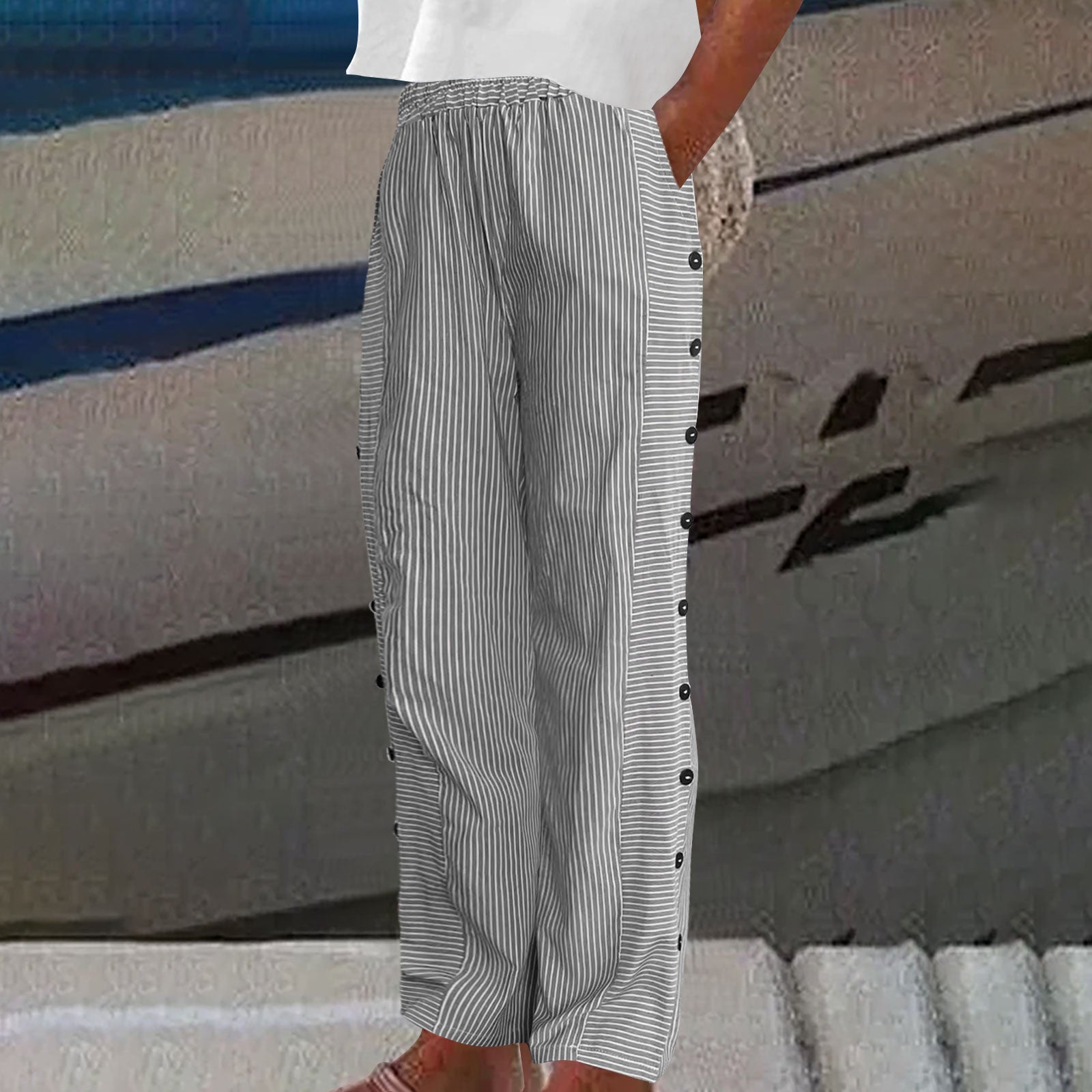 Vivienne Strandmore | Striped Linen-Cotton Button-Accent Trousers