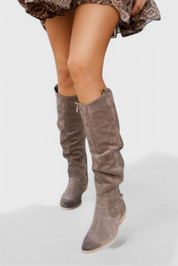 Harriet Voclaine | Tan Suede Knee-High Riding Boots