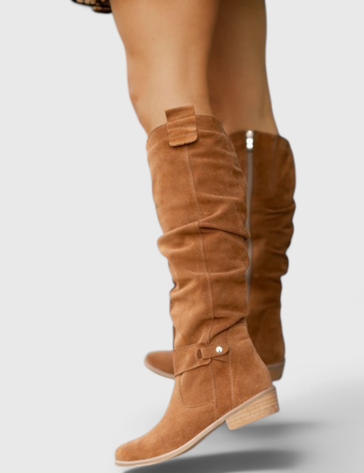 Harriet Voclaine | Tan Suede Knee-High Riding Boots